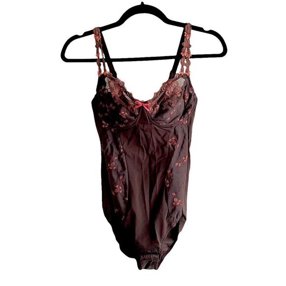 EMBROIDERED Lace Bodysuit Lingerie Brown Coral Pink XS - Picture 3 of 5